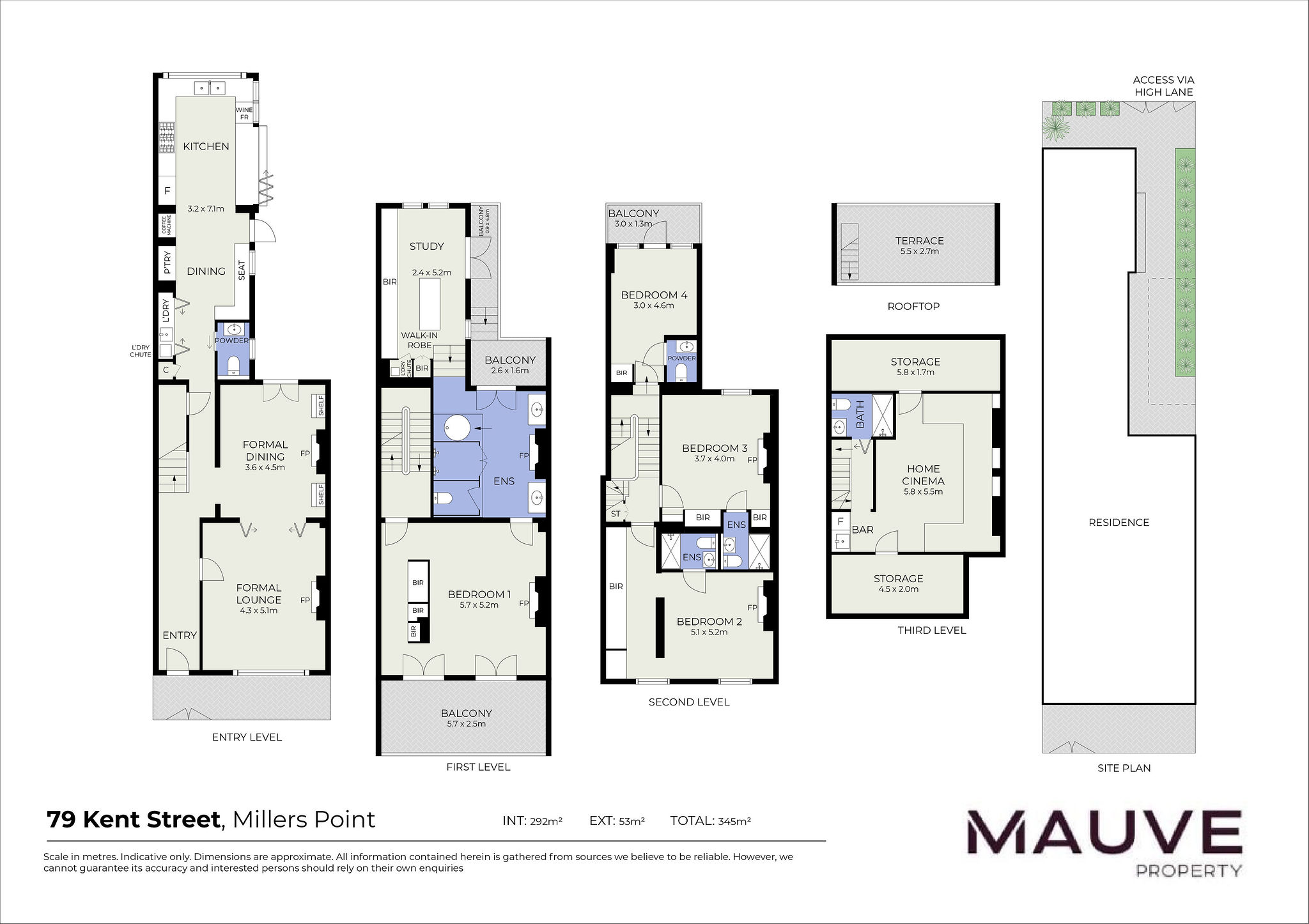 79 Kent Street floorplan — four levels, 292sqm internal, 345sqm total